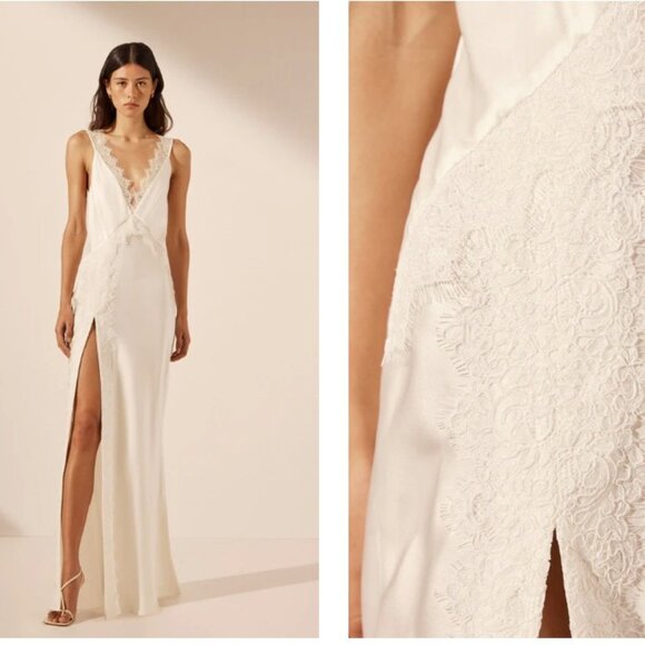 La Lune Cumulus silk lace strap split maxi dress - ivory - Picture 1 of 4